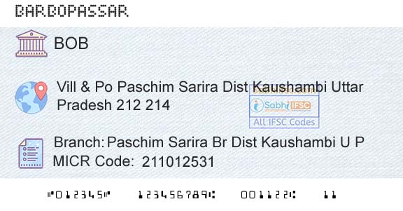 Bank Of Baroda Paschim Sarira Br Dist Kaushambi U P Branch 