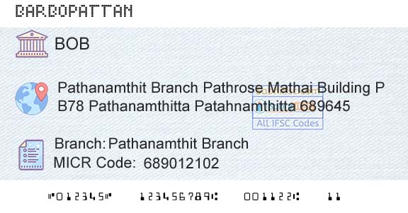 Bank Of Baroda Pathanamthit BranchBranch 