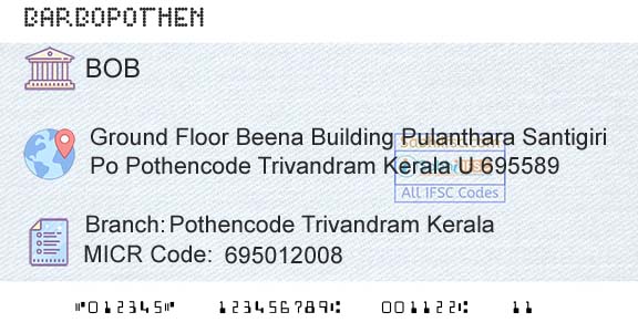 Bank Of Baroda Pothencode Trivandram KeralaBranch 