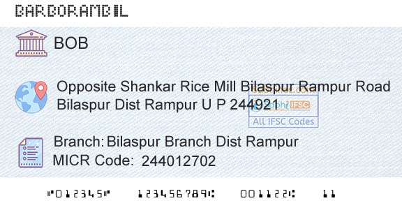 Bank Of Baroda Bilaspur Branch Dist RampurBranch 