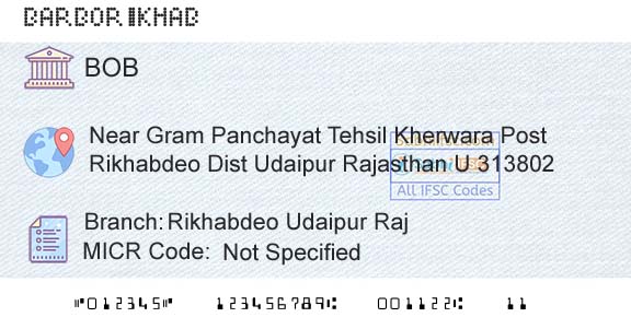 Bank Of Baroda Rikhabdeo Udaipur RajBranch 