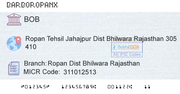 Bank Of Baroda Ropan Dist Bhilwara RajasthanBranch 