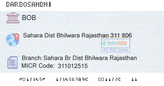 Bank Of Baroda Sahara Br Dist Bhilwara RajasthanBranch 