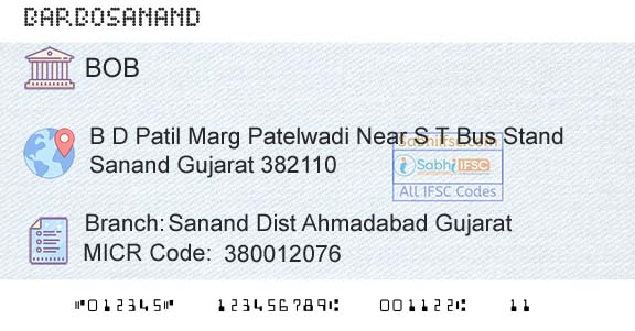 Bank Of Baroda Sanand Dist Ahmadabad GujaratBranch 