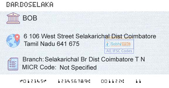 Bank Of Baroda Selakarichal Br Dist Coimbatore T N Branch 