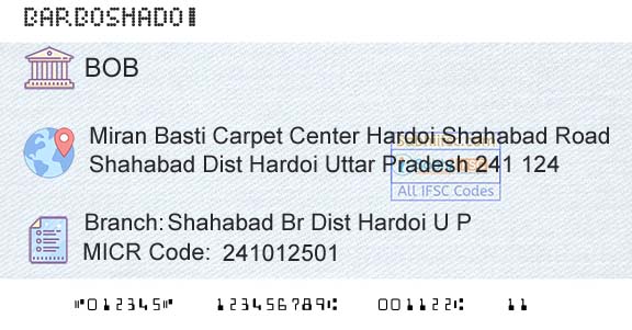 Bank Of Baroda Shahabad Br Dist Hardoi U P Branch 