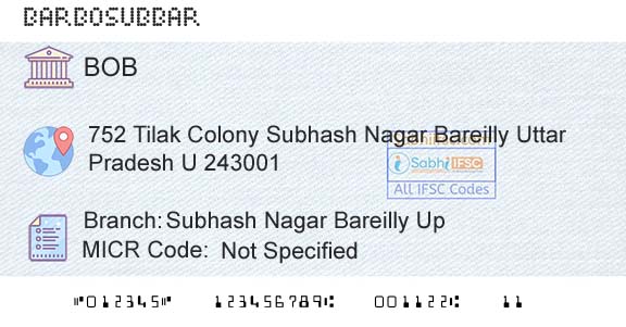 Bank Of Baroda Subhash Nagar Bareilly UpBranch 