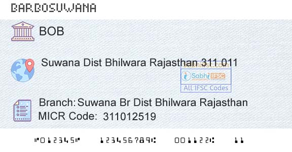 Bank Of Baroda Suwana Br Dist Bhilwara RajasthanBranch 