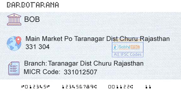 Bank Of Baroda Taranagar Dist Churu RajasthanBranch 