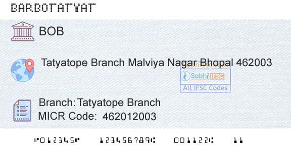 Bank Of Baroda Tatyatope BranchBranch 