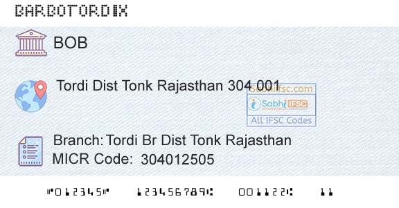 Bank Of Baroda Tordi Br Dist Tonk RajasthanBranch 