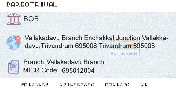 Bank Of Baroda Vallakadavu BranchBranch 