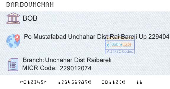 Bank Of Baroda Unchahar Dist RaibareliBranch 