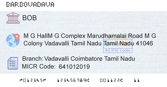 Bank Of Baroda Vadavalli Coimbatore Tamil NaduBranch 
