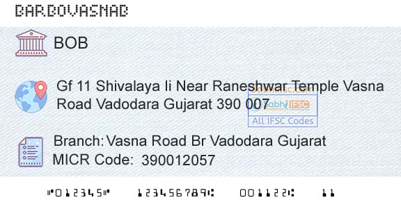 Bank Of Baroda Vasna Road Br Vadodara GujaratBranch 