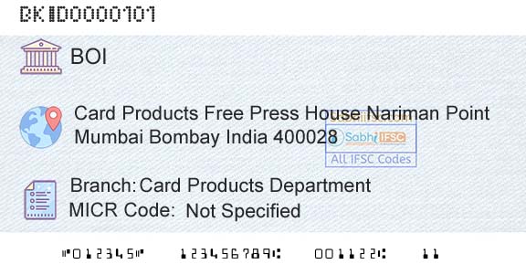 Bank Of India Card Products DepartmentBranch 