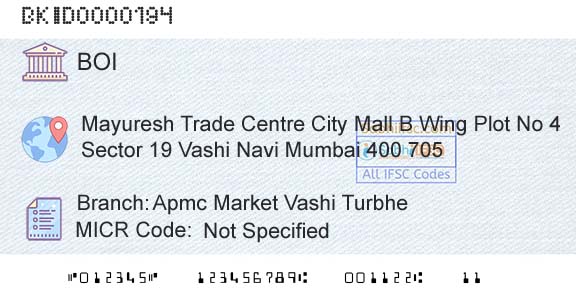 Bank Of India Apmc Market Vashi TurbheBranch 