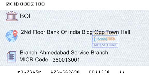 Bank Of India Ahmedabad Service BranchBranch 