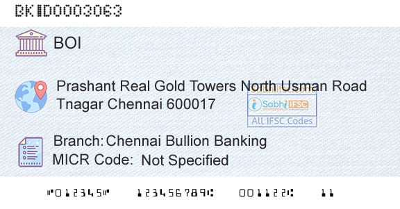 Bank Of India Chennai Bullion BankingBranch 