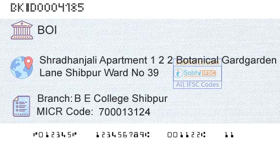 Bank Of India B E College ShibpurBranch 