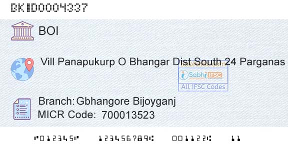 Bank Of India Gbhangore BijoyganjBranch 