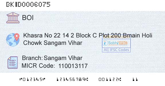 Bank Of India Sangam ViharBranch 