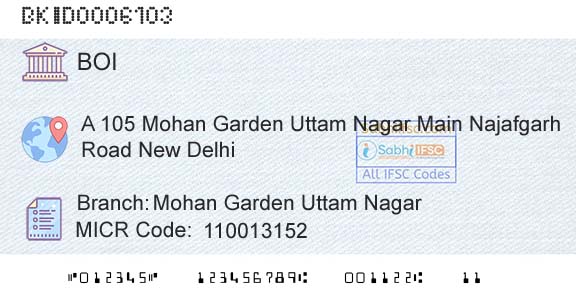 Bank Of India Mohan Garden Uttam Nagar Branch 