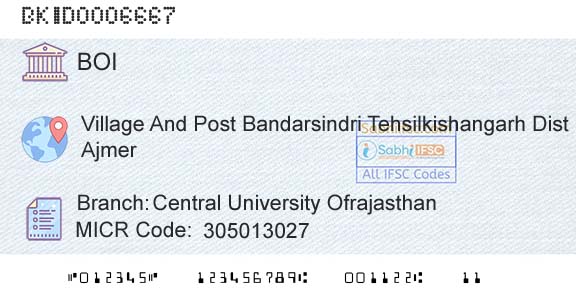 Bank Of India Central University OfrajasthanBranch 