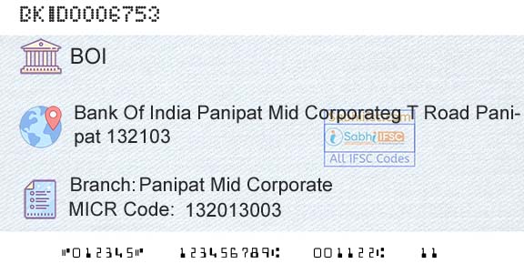 Bank Of India Panipat Mid CorporateBranch 