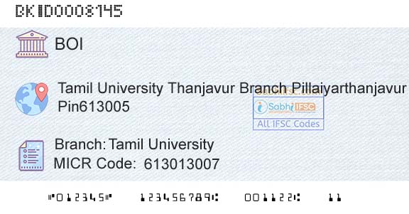 Bank Of India Tamil UniversityBranch 
