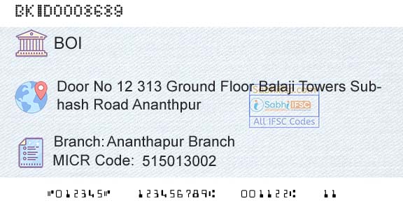 Bank Of India Ananthapur BranchBranch 