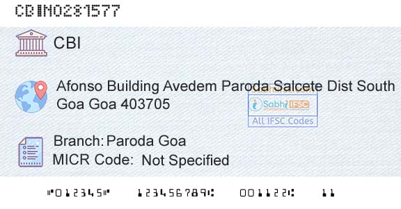 Central Bank Of India Paroda Goa Branch 
