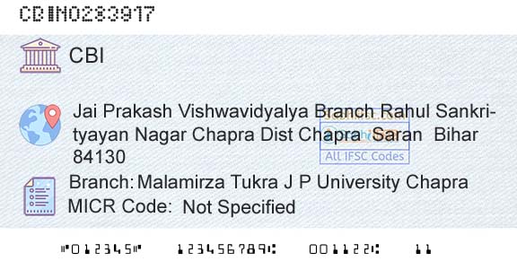 Central Bank Of India Malamirza Tukra J P University ChapraBranch 
