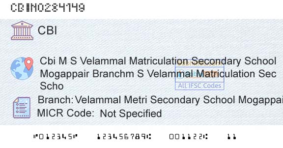 Central Bank Of India Velammal Metri Secondary School MogappairBranch 