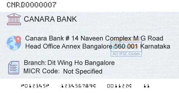 Canara Bank Dit Wing Ho BangaloreBranch 