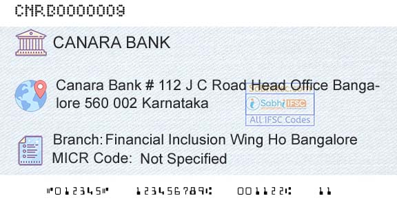 Canara Bank Financial Inclusion Wing Ho BangaloreBranch 