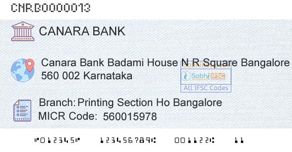 Canara Bank Printing Section Ho BangaloreBranch 