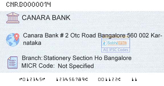 Canara Bank Stationery Section Ho BangaloreBranch 
