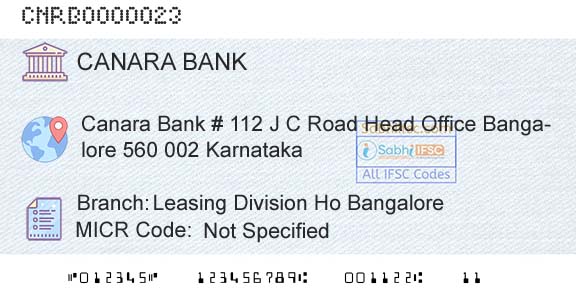 Canara Bank Leasing Division Ho BangaloreBranch 