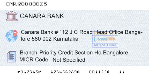 Canara Bank Priority Credit Section Ho BangaloreBranch 