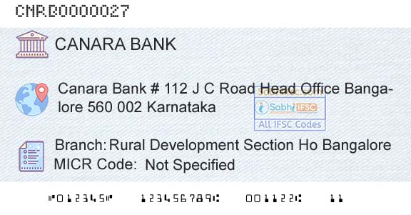 Canara Bank Rural Development Section Ho BangaloreBranch 