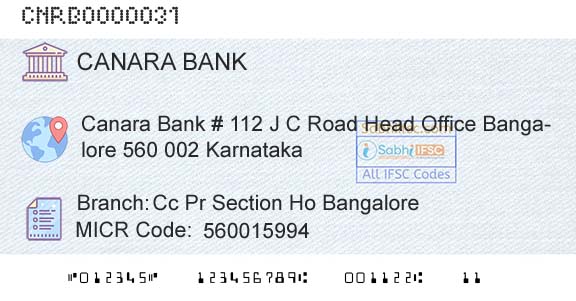 Canara Bank Cc Pr Section Ho BangaloreBranch 