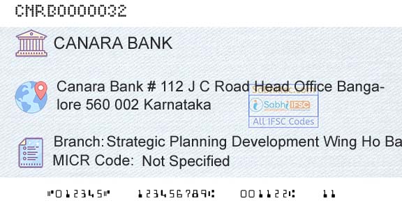 Canara Bank Strategic Planning Development Wing Ho BangaloreBranch 