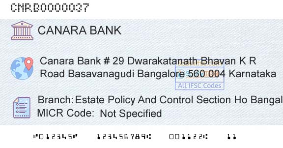 Canara Bank Estate Policy And Control Section Ho BangaloreBranch 