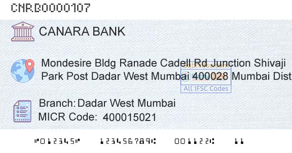 Canara Bank Dadar West MumbaiBranch 