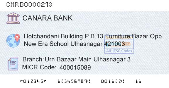 Canara Bank Urn Bazaar Main Ulhasnagar 3Branch 