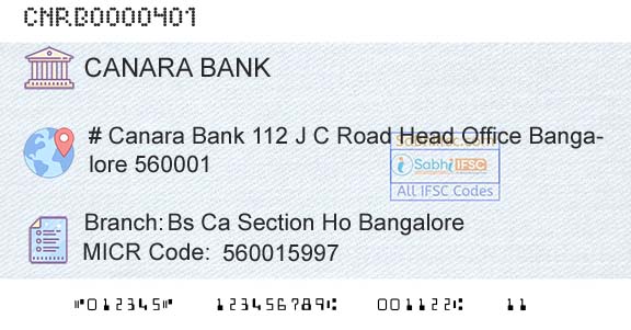 Canara Bank Bs Ca Section Ho BangaloreBranch 