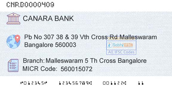 Canara Bank Malleswaram 5 Th Cross BangaloreBranch 