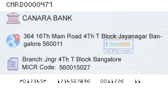 Canara Bank Jngr 4th T Block BangaloreBranch 