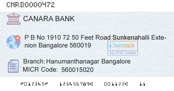 Canara Bank Hanumanthanagar BangaloreBranch 